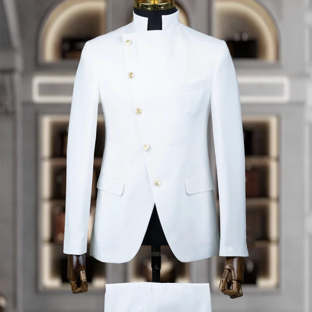 SHOWLU FASHION STORE men's slim fit wedding tuxedo suit with stand collar, cotton fabric, two-piece design, ideal for formal occasions.