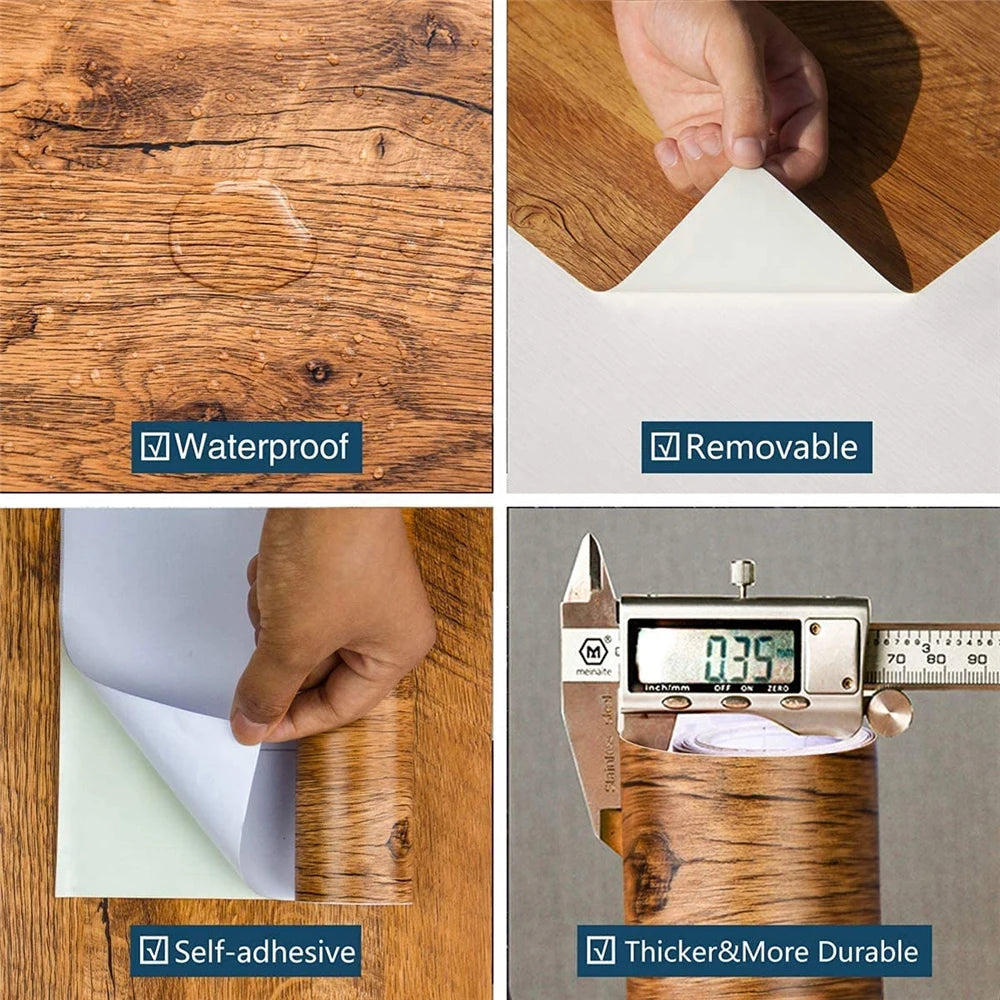 PVC waterproof self-adhesive wallpaper roll with wood grain design, ideal for furniture, walls, and home decor projects.