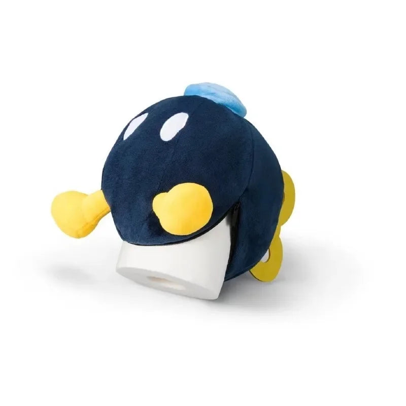 Super Mario Bob-omb plush tissue box holder by Takara Tomy, featuring a soft plush design and cartoon character appearance.