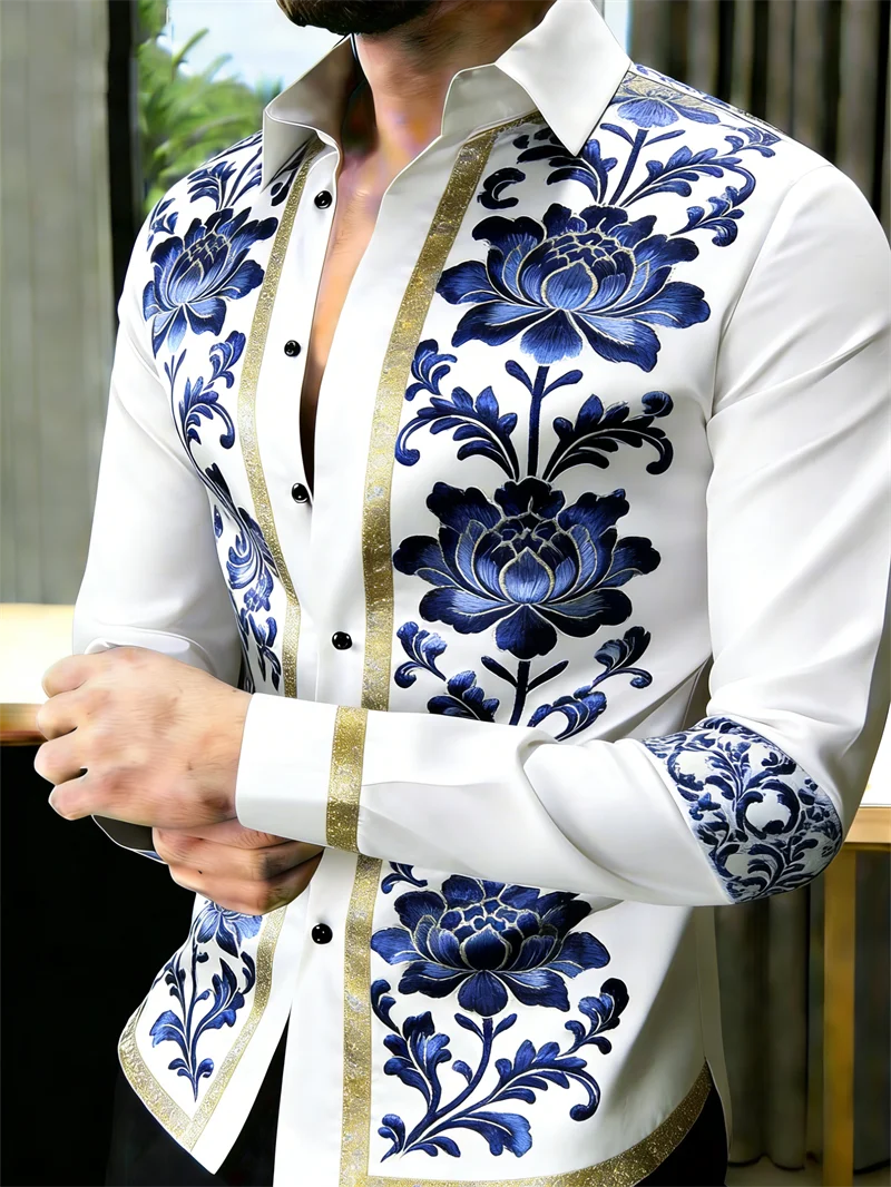 Men's long sleeve floral 3D printed shirt in 11 colors, casual lapel top by Showlu Fashion Store, high-quality men's fashion shirt