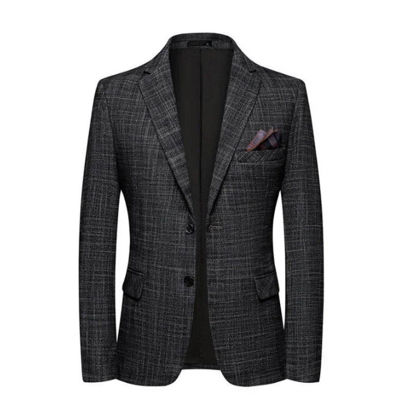 SHOWLU Men's slim fit business casual blazer, single-breasted polyester jacket with notch lapel and tailored fit, in navy color.