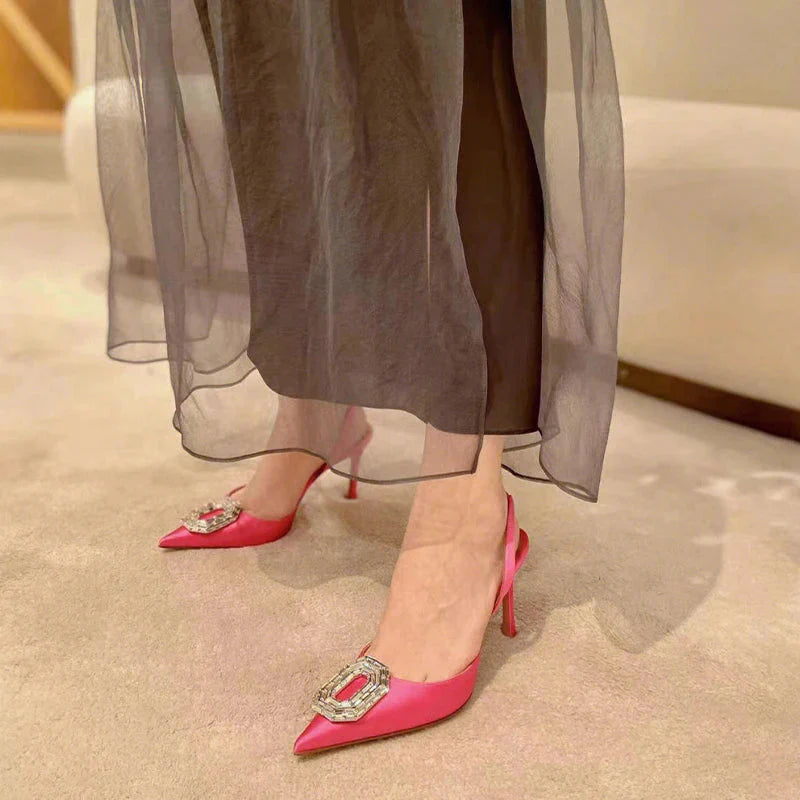 Black silk pointed toe stiletto heels for women with rhinestone embellishments by SHOWLU FASHION STORE.