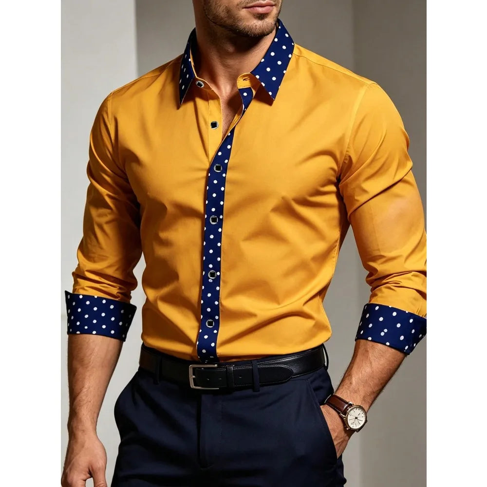 Men's long sleeve tuxedo shirt by Showlu Fashion, elegant micro-elastic dress shirt for four seasons, smart casual style.