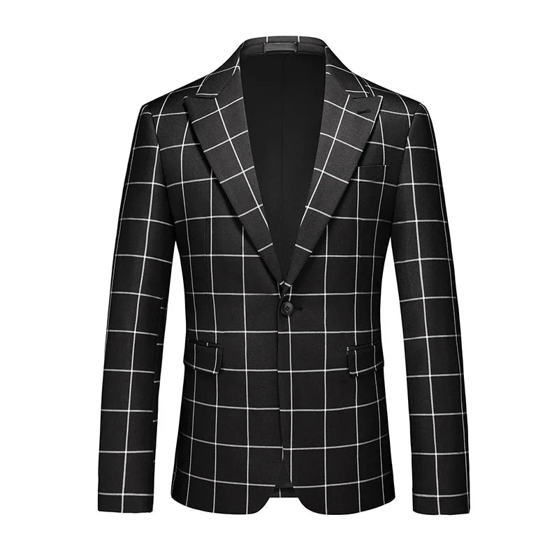 Showlu Fashion Store men's plaid slim fit business suit jacket, single-breasted blazer with classic design and tailored fit.