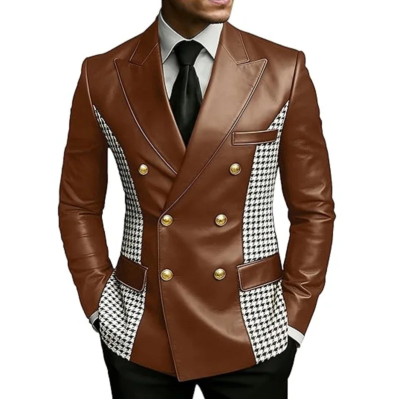 Men’s brown leather blazer with houndstooth side panels, vintage two-tone design, gold buttons, slim fit, double-breasted style.