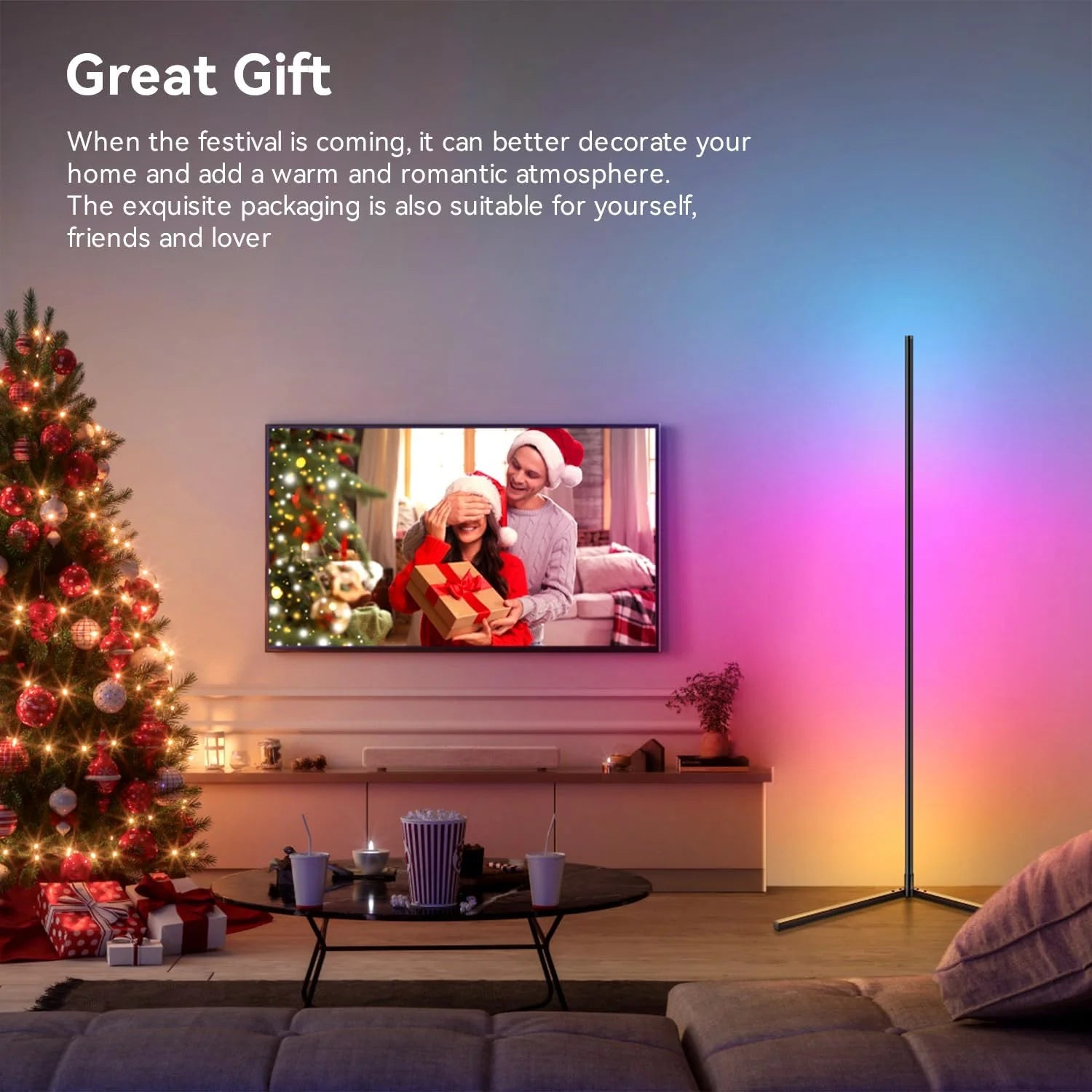 Showlu Smart RGB corner floor lamp with music sync, featuring colorful LED lights and modern design for ambient lighting.