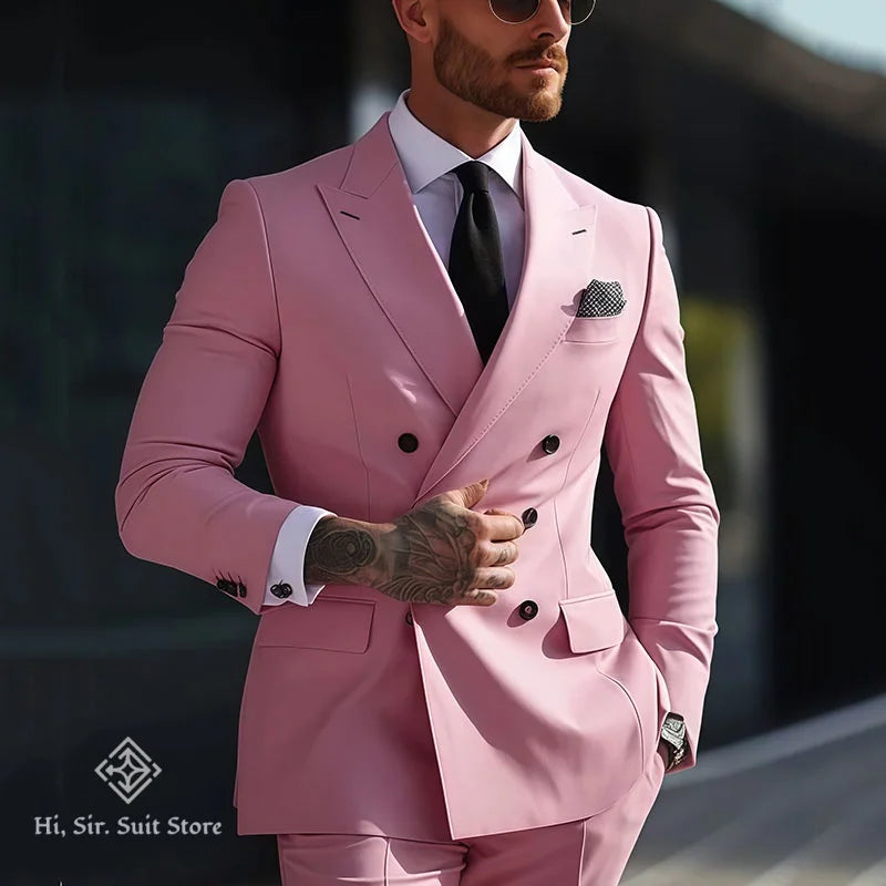 Slim-fit men's double-breasted blazer suit set with matching pants, ideal for wedding, reunion, or formal occasions.