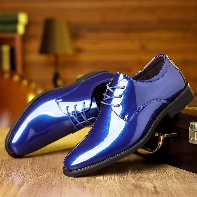 Red PU leather men's pointed toe dress shoes with lace-up design by Showlu Fashion Store, suitable for formal and social occasions.