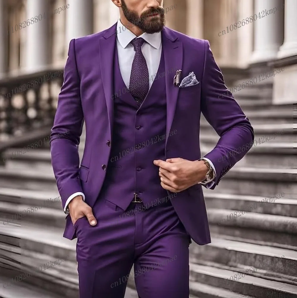Orange men's 3-piece formal suit with blazer, vest, and pants, suitable for weddings, business events, or prom by Showlu Fashion.