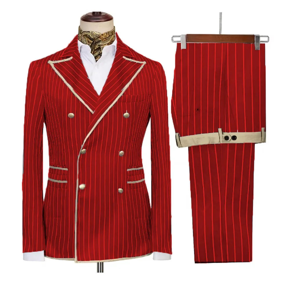 Showlu Fashion men's double-breasted striped suit with peak lapel blazer and matching pants, slim fit formal and casual tuxedo ensemble