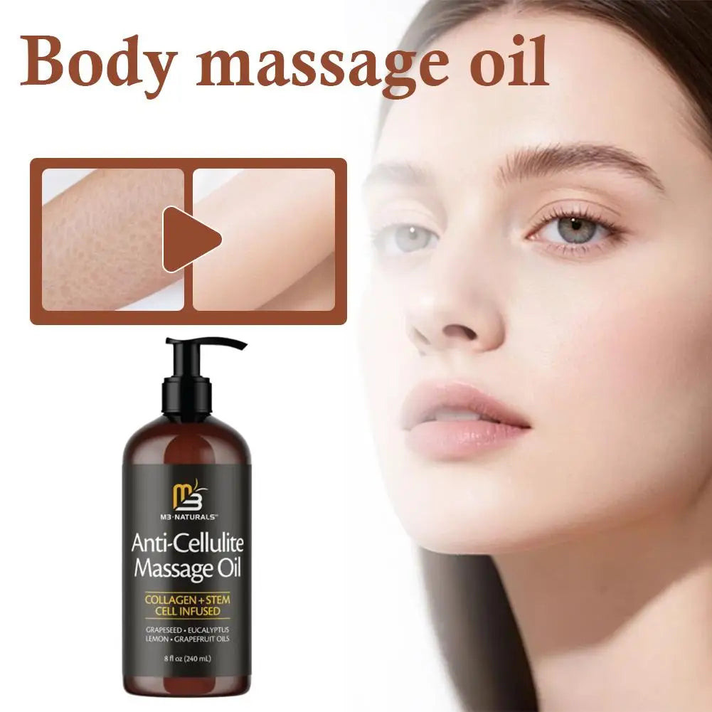 M3 Naturals Anti-Cellulite Massage Oil with collagen and grapeseed, 240ml bottle, showing the product and label details