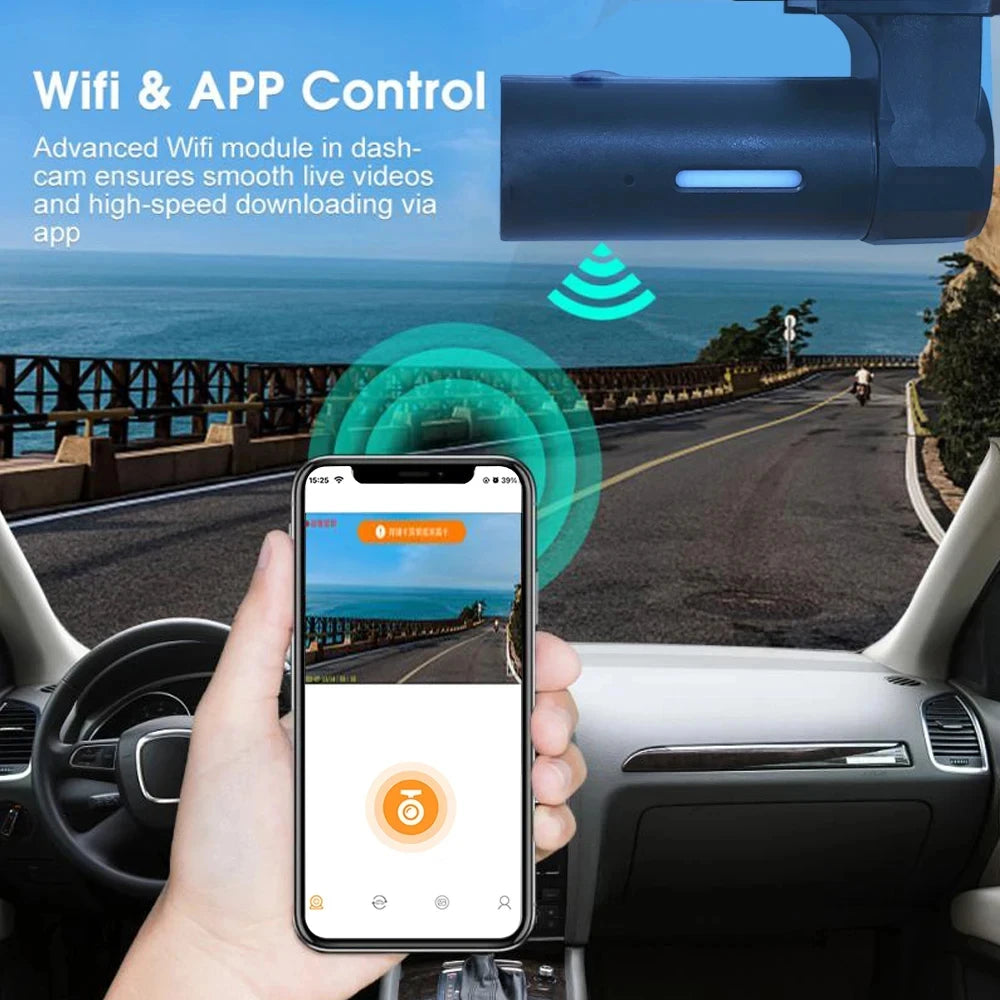360° rotating dash cam by Showlu Fashion Store mounted on a vehicle dashboard, capturing full panoramic road view.