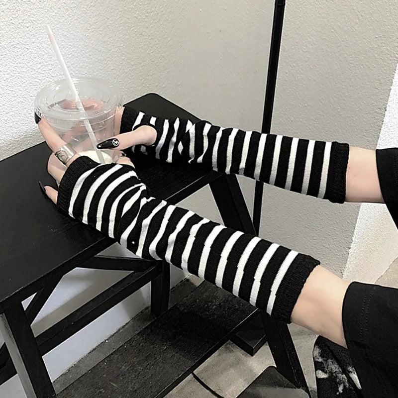 Showlu Smart General winter fingerless long sleeve gloves with striped knit design, elastic wrist, suitable for men and women outdoors.