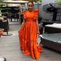 Women's summer 2025 style flounce short sleeve round neck waist long swing dress in casual elegant design by Showlu Fashion.