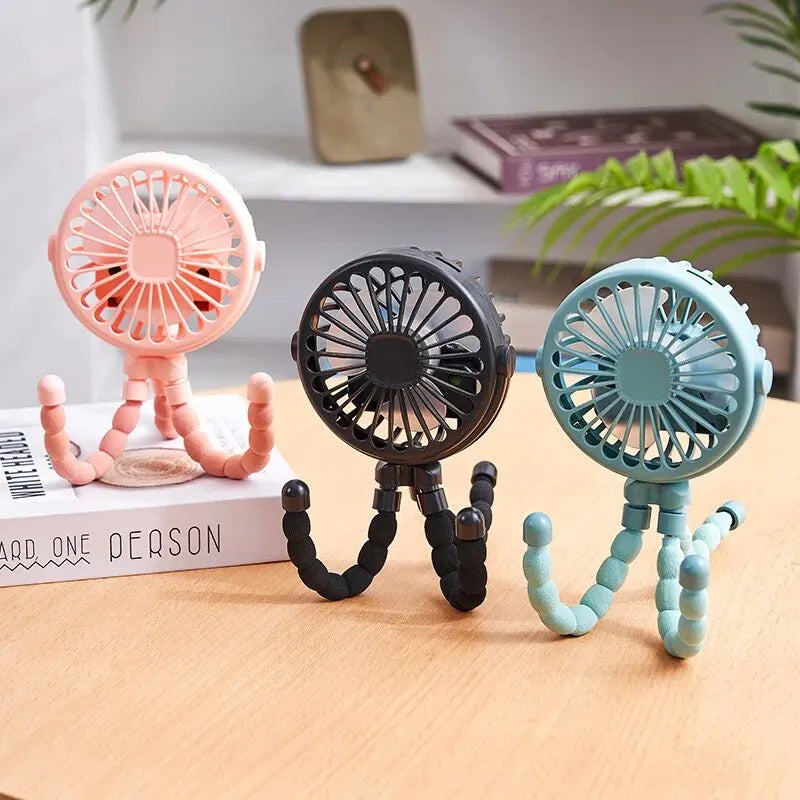 Showlu Portable Octopus Mini Fan, USB rechargeable baby stroller fan with flexible octopus arms for adjustable airflow.