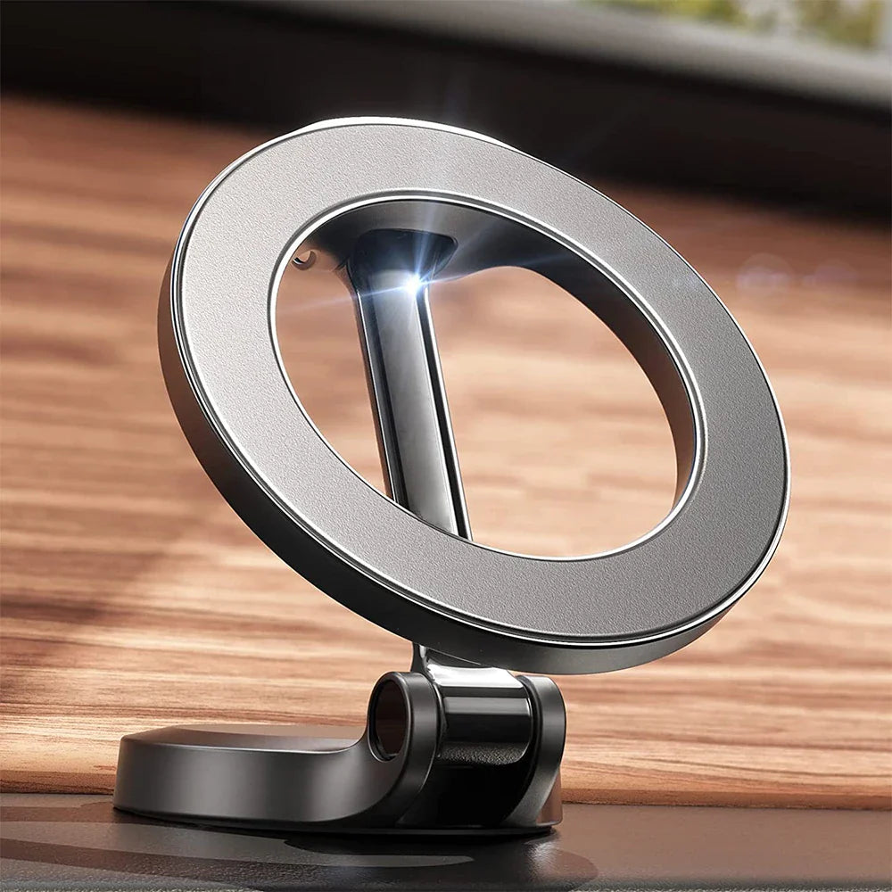 SHOWLU MagSafe car phone holder with 1080-degree rotation for iPhone 14 and 13, securely mounted in a vehicle.