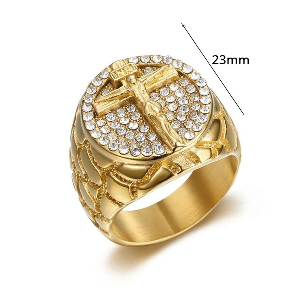 Men's iced out Jesus cross ring in 18k gold plated stainless steel, featuring detailed religious cross design and sparkling accents.