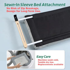 A cat window perch with a wooden frame and a removable, machine-washable fabric bed.