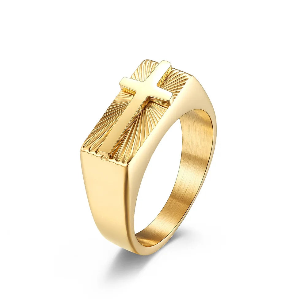 Men's stainless steel cross ring with 8mm sunburst design, religious band style, showcasing Showlu Fashion Store product.