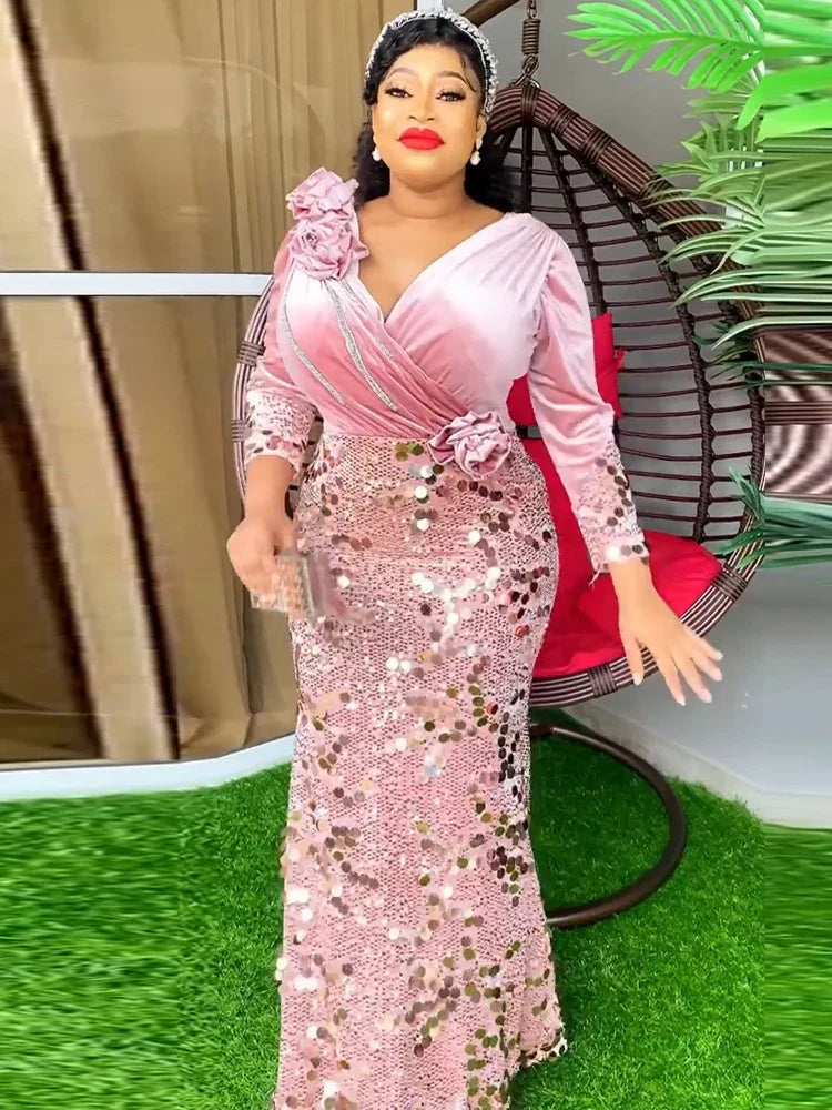 Elegant African Mermaid evening gown by SHOWLU FASHION with V-neck, sequined bodycon design for wedding or party occasions.