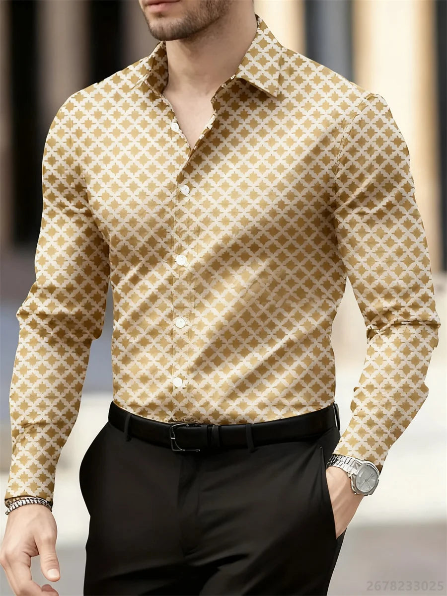 Men's long sleeve plaid shirt in 14 colors, Showlu Fashion, featuring high-definition geometric pattern, casual and breathable design.