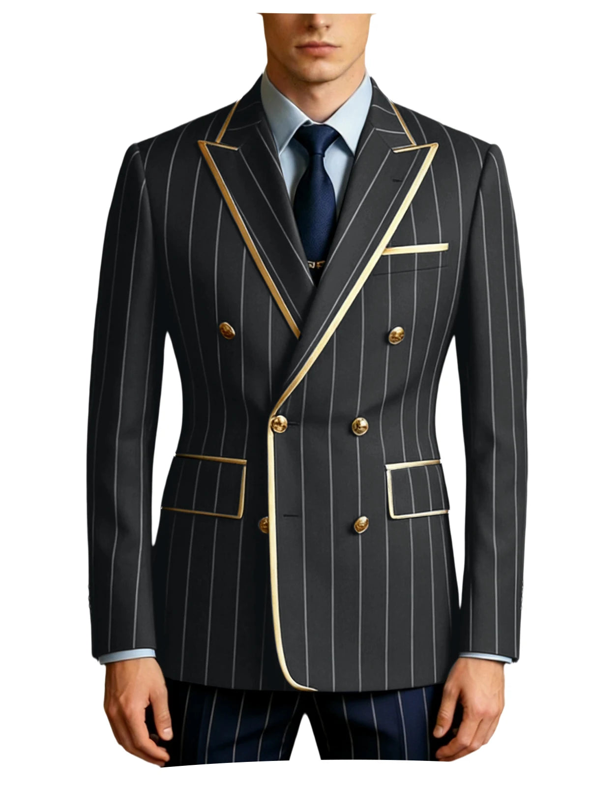 Men's Pinstripe Blazer Double Breasted Gold Trim Slim Fit Suit Jacket Peak Lapel Business Formal Tuxedo Coat for Wedding Prom