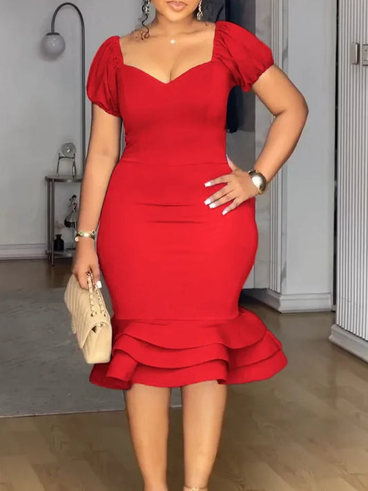 Elegant Ruffles Hem Classic Party Pencil Dress Women Night Club Square Neck Slim Fit Workwear Office Lady Bodycon Midi Dresses
