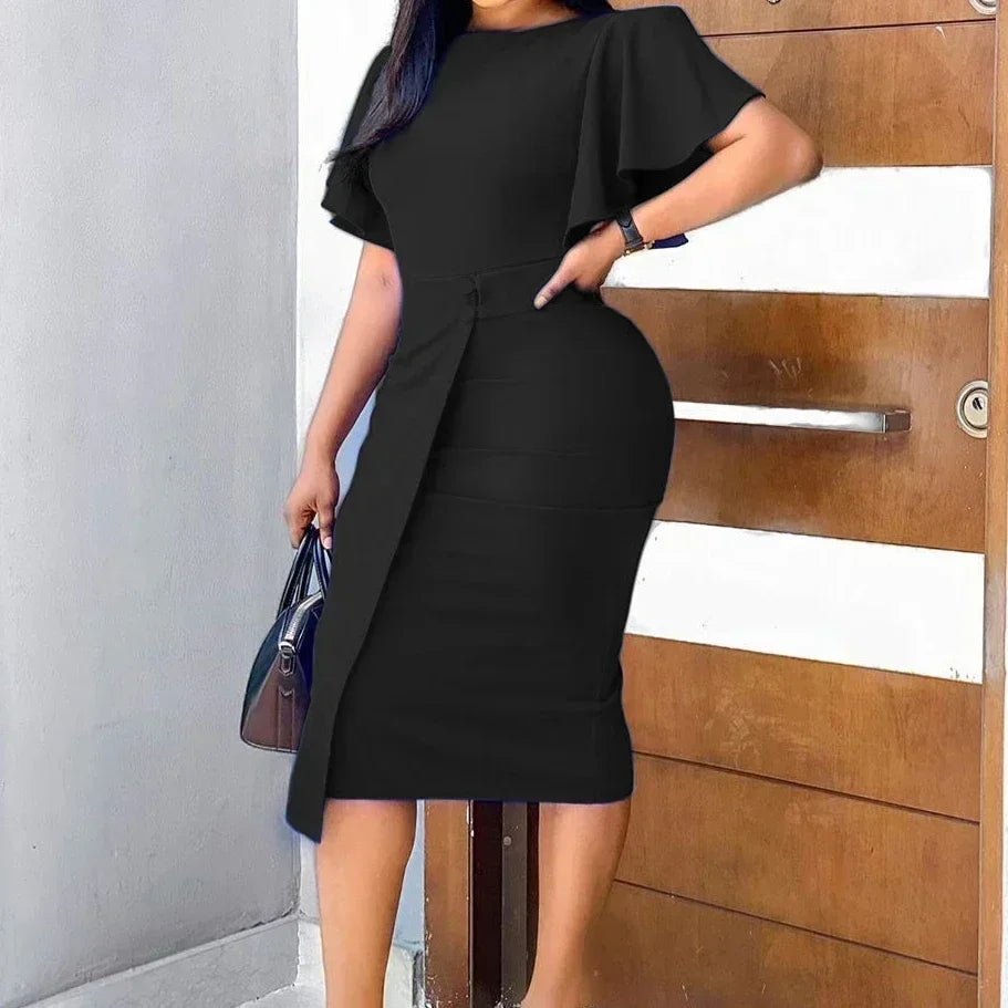 Green Kalenmos Women's Mid-Calf Bodycon Party Dress with ruffle detail, slim fit, perfect for elegant evening occasions.