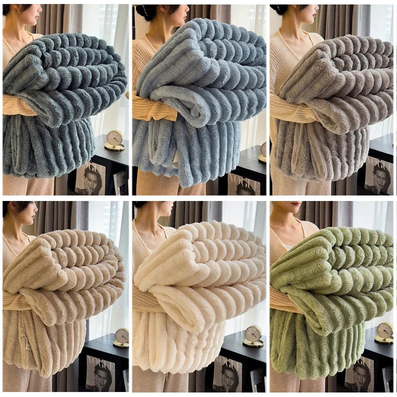 Soft, solid color MINISO thickened flannel rabbit plush blanket with warm, cozy bed cover, perfect for comfort and relaxation.