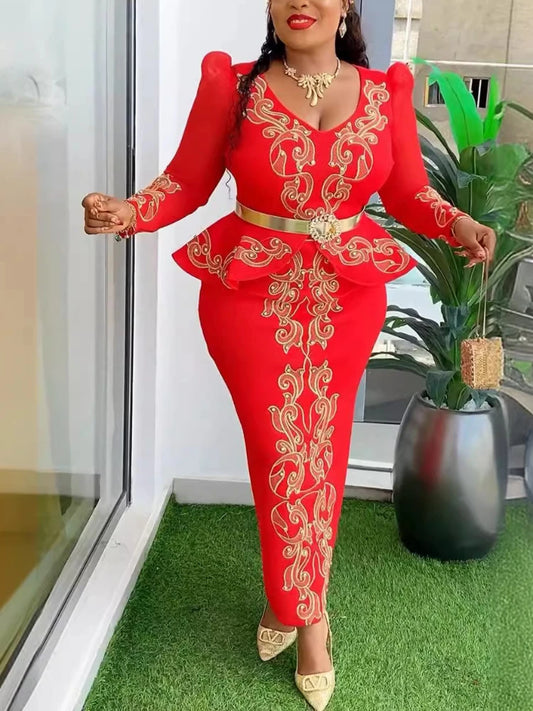 Women Wedding Bride Party Dress V Neck Luxury Hot Drill Long Sleeve Ruffle Hem Package Hip Elegant Evening Event Celebrate Gowns