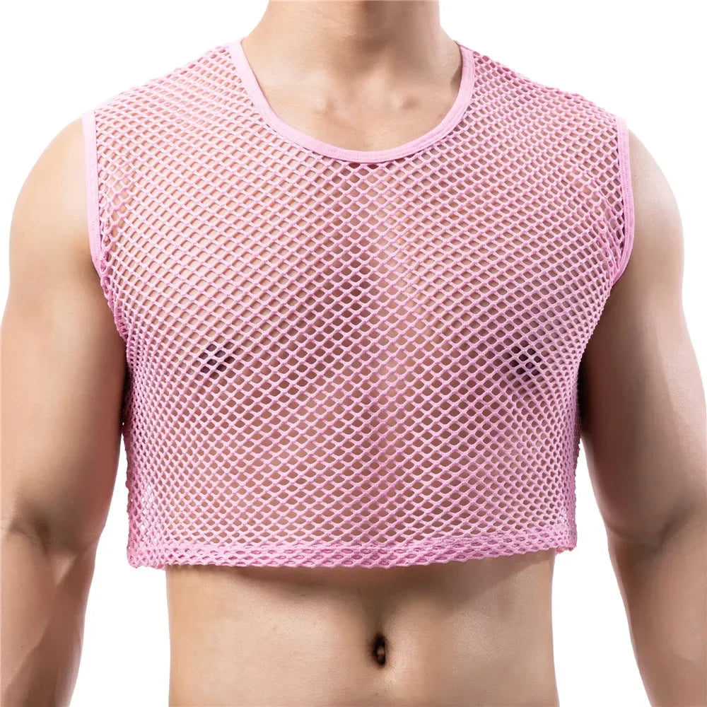 Men's transparent fishnet crop top by Showlu Fashion, sleeveless mesh tank top with hollow out design for gym, nightlife, or casual wear.