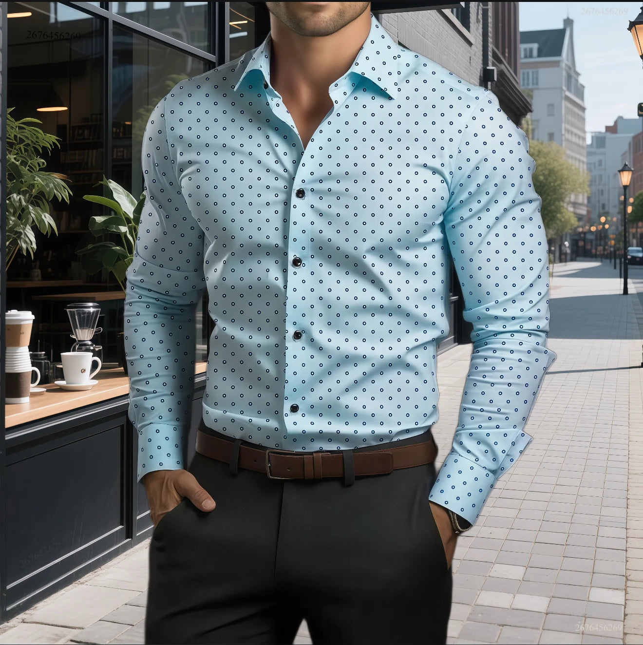 Showlu men's polka dot long sleeve casual shirt, oversized fit, stylish business top, navy with white polka dots, front button closure