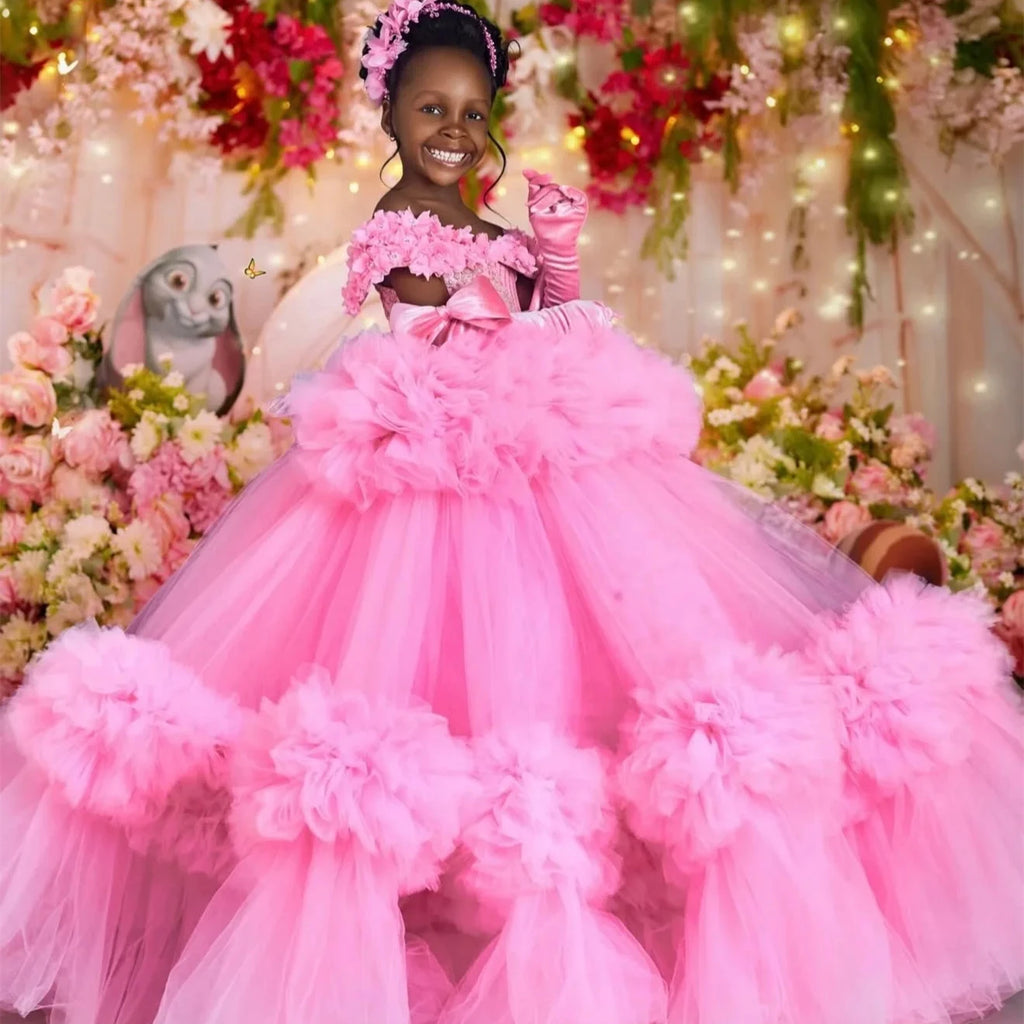 Customized Pink Flower Girl Dress For Wedding Glitter Bow Sleeveless Tiered Floor Length Kids Birthday First Communion Gown