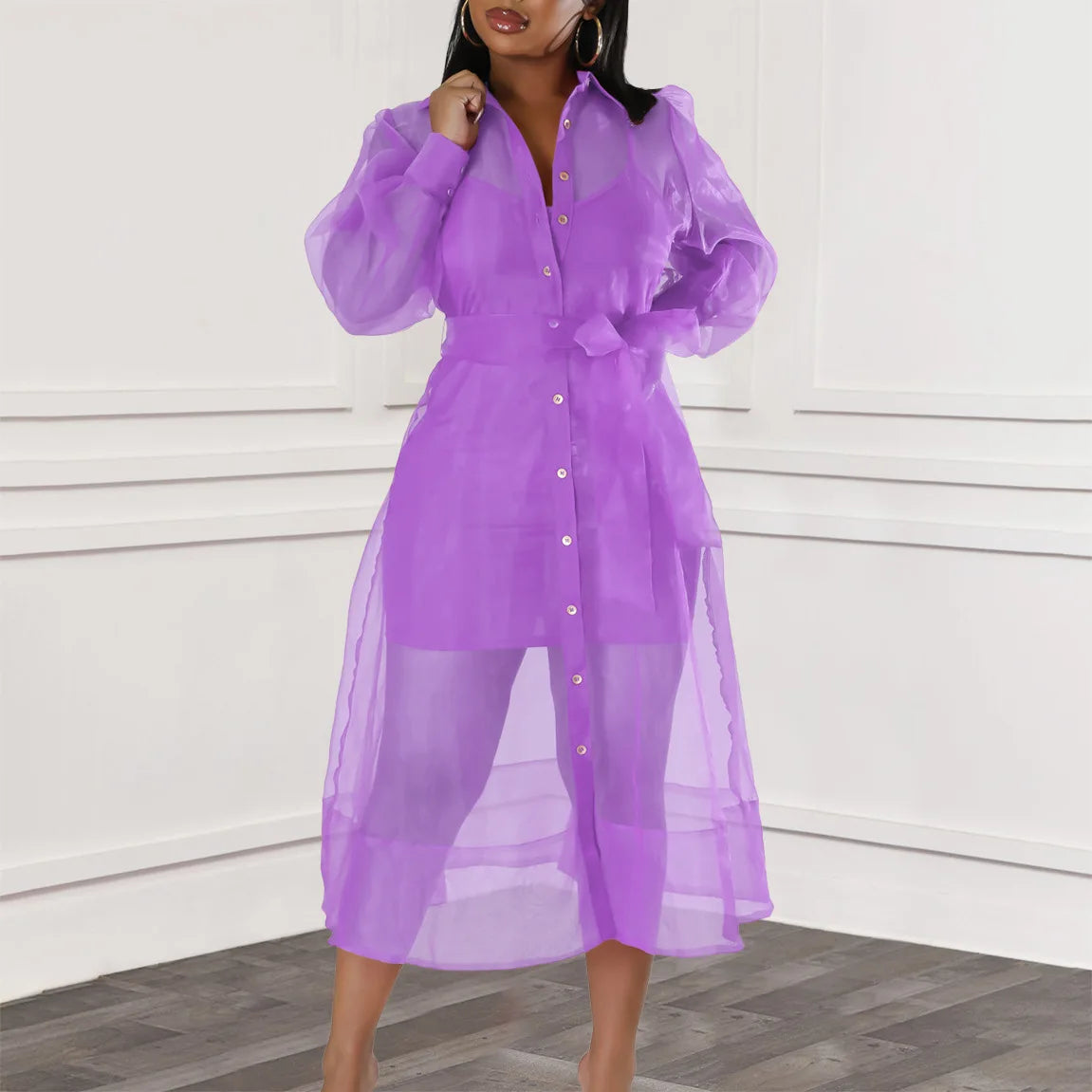Women Two Pieces Set Transparent Organza Shirt Dresses with Slip Dress Button Up Waist Belt Turn Down Collar Sheer Sexy Female