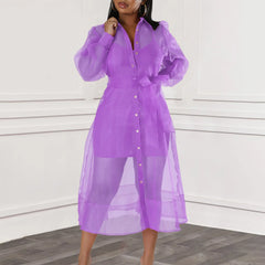 Women Two Pieces Set Transparent Organza Shirt Dresses with Slip Dress Button Up Waist Belt Turn Down Collar Sheer Sexy Female
