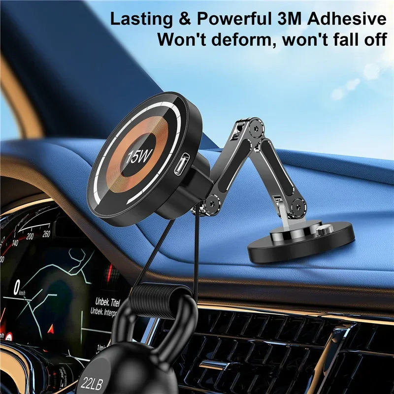 Showlu Smart General magnetic car wireless charger phone holder with 15W fast charging, mounted in a vehicle for easy phone access.