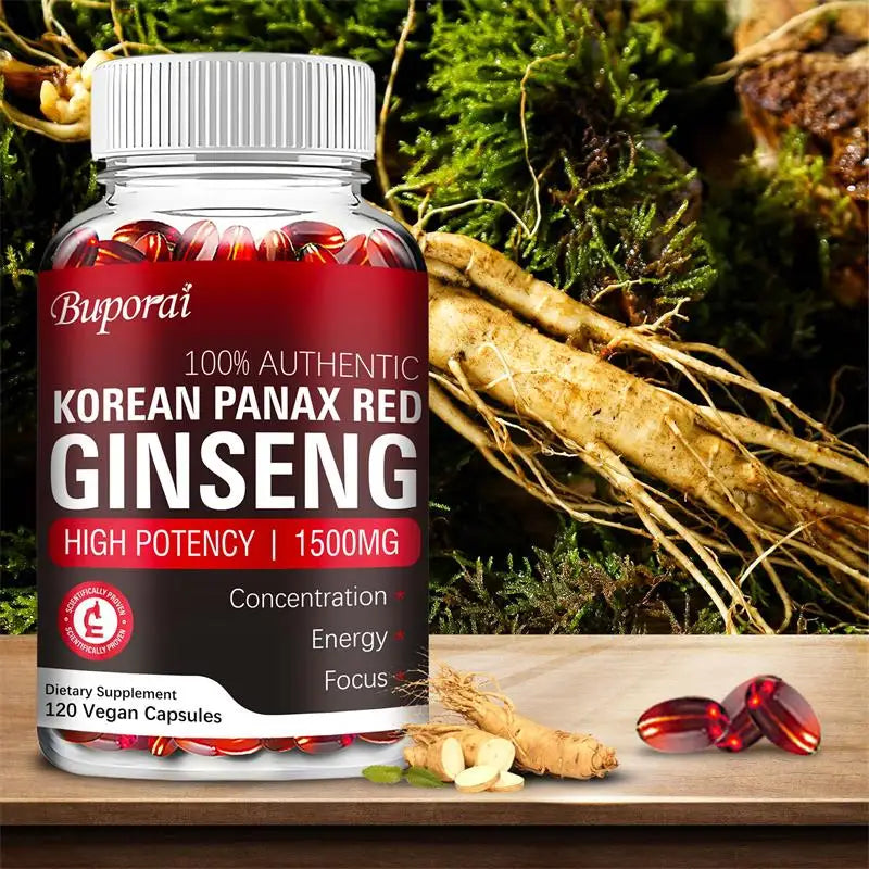 Korean Red Panax Ginseng supplement by Showlu Fashion Store, featuring capsules for energy, endurance, vitality, and immune support.
