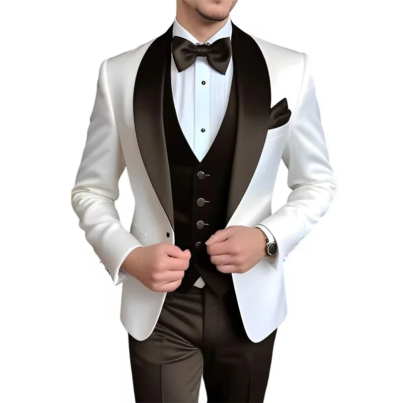 Men's blue and white 3-piece tuxedo suit from Showlu Fashion Store, elegant formal wear for weddings and events.