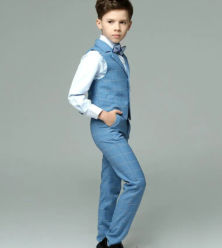 PsyMonster boys formal suit by SHOWLU FASHION STORE with striped vest, shirt, and matching pants for special occasions.