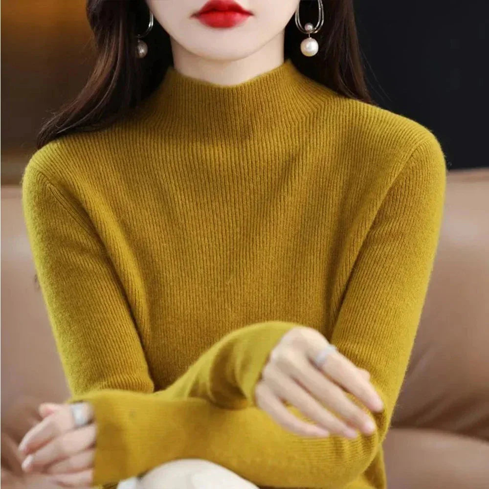 Showlu Fashion Women's half high collar pleated slim fit sweater, stylish pullover with a modern design and comfortable fit.