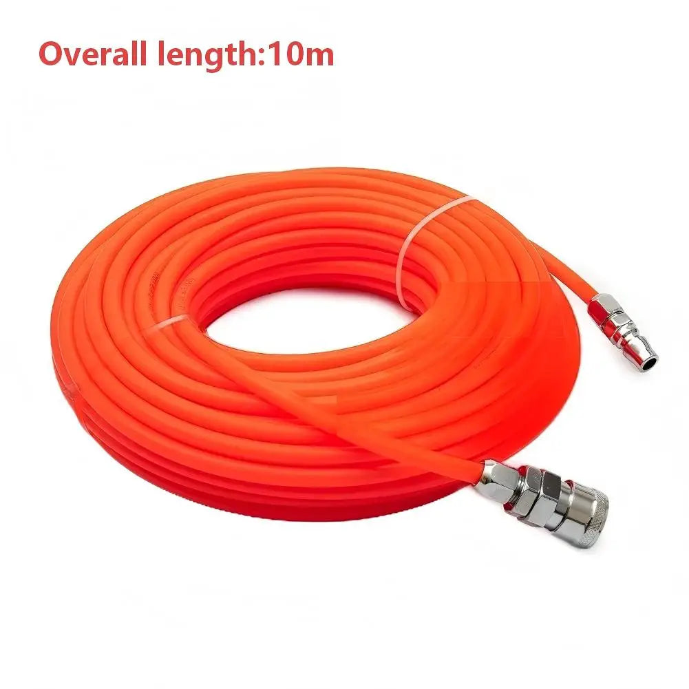 Heavy-duty pneumatic straight pipe air compressor hose with quick connector, suitable for tools and garden equipment.
