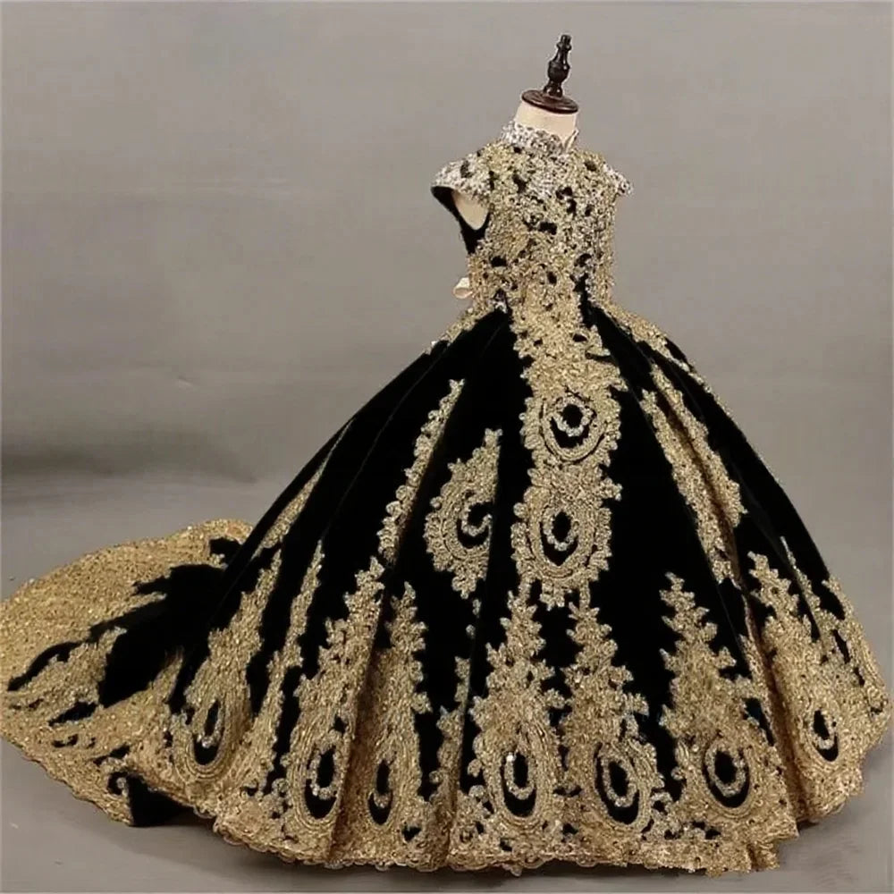 Showlu Fashion JDY girls' sleeveless ball gown with gold lace embroidery, long train, elegant princess dress for special occasions