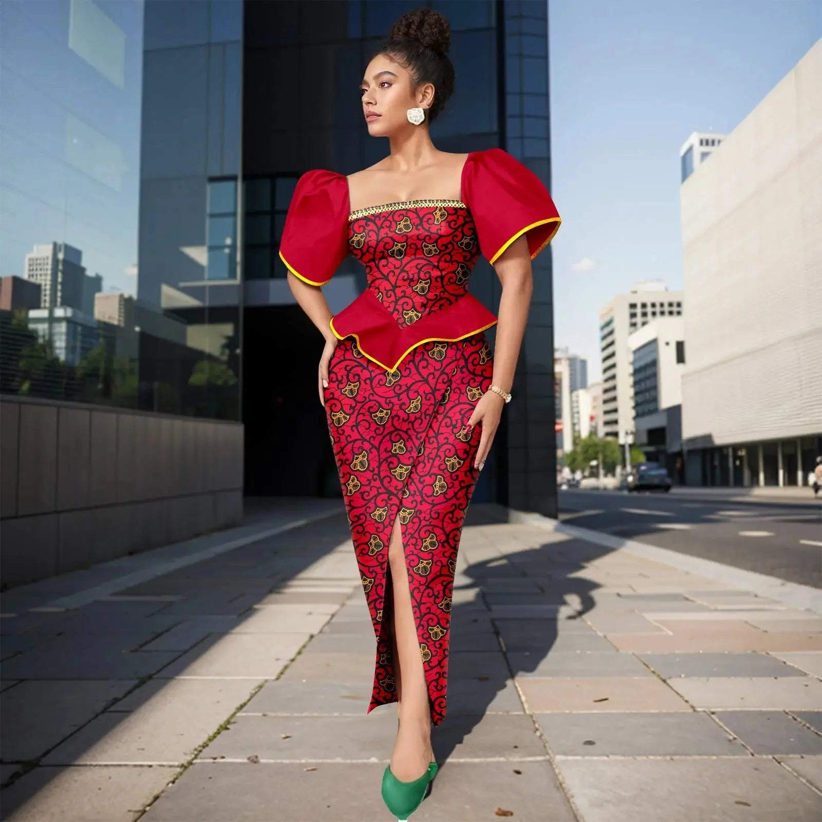 African print women's Ankara square neck puff sleeve A-line dress by SHOWLU FASHION STORE, featuring vibrant fabric and stylish design.