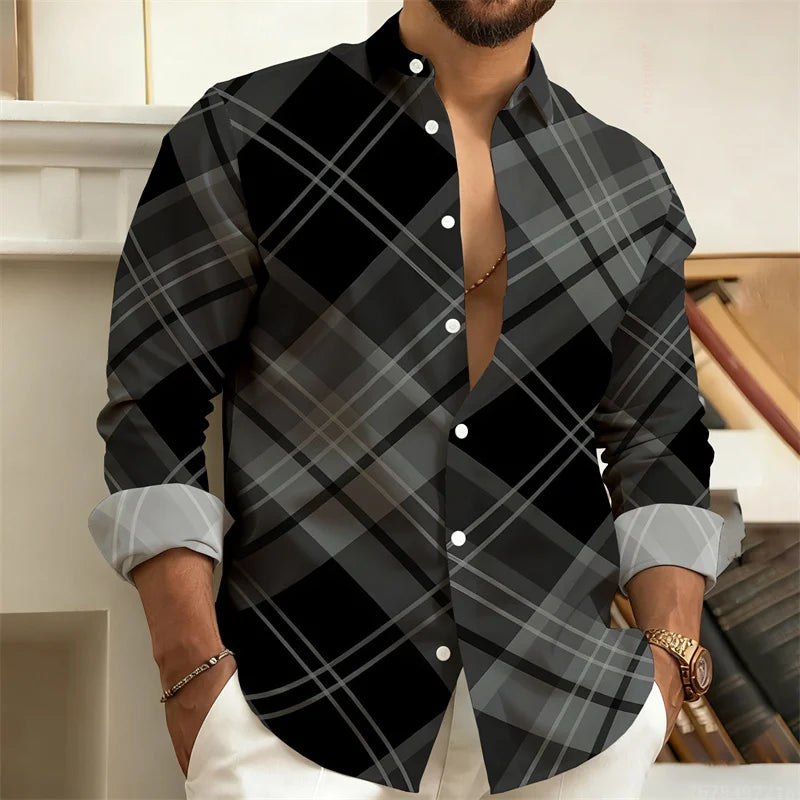 Men's plaid long-sleeved casual shirt by Showlu Fashion, stylish trendy top in comfortable fabric, available in sizes S-6XL.