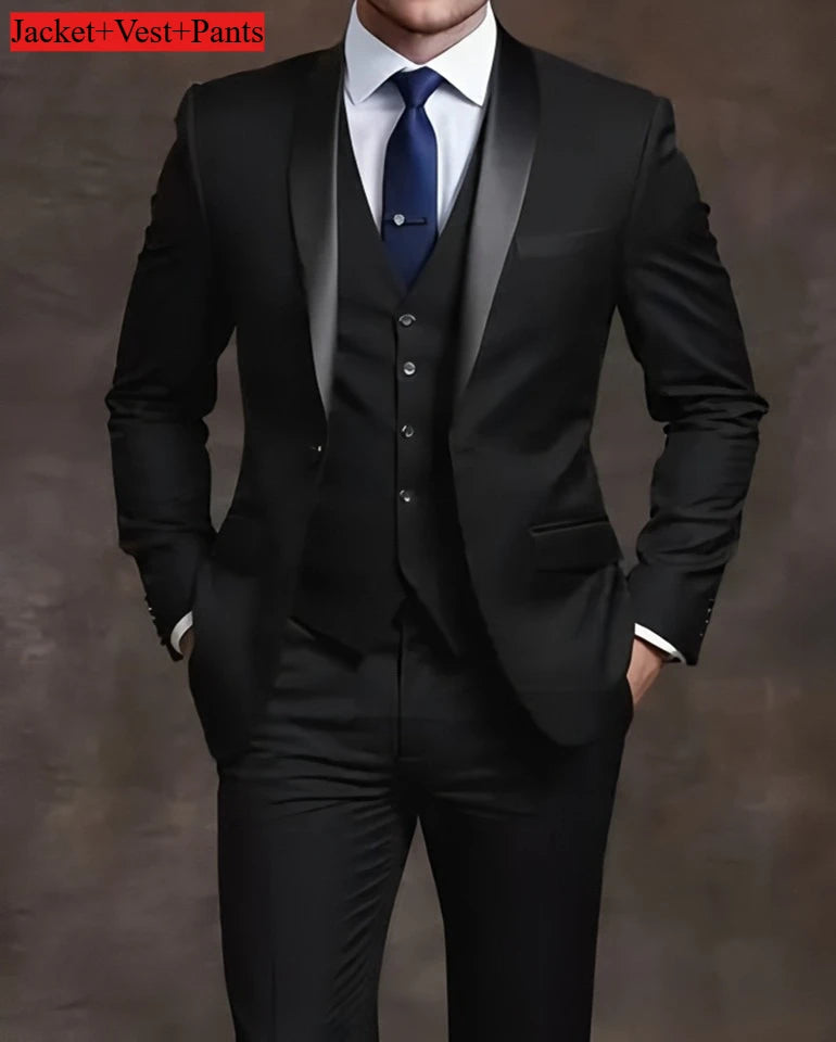 Elegant men's black slim fit tuxedo suit set for weddings and formal occasions, featuring a tailored jacket and matching trousers.