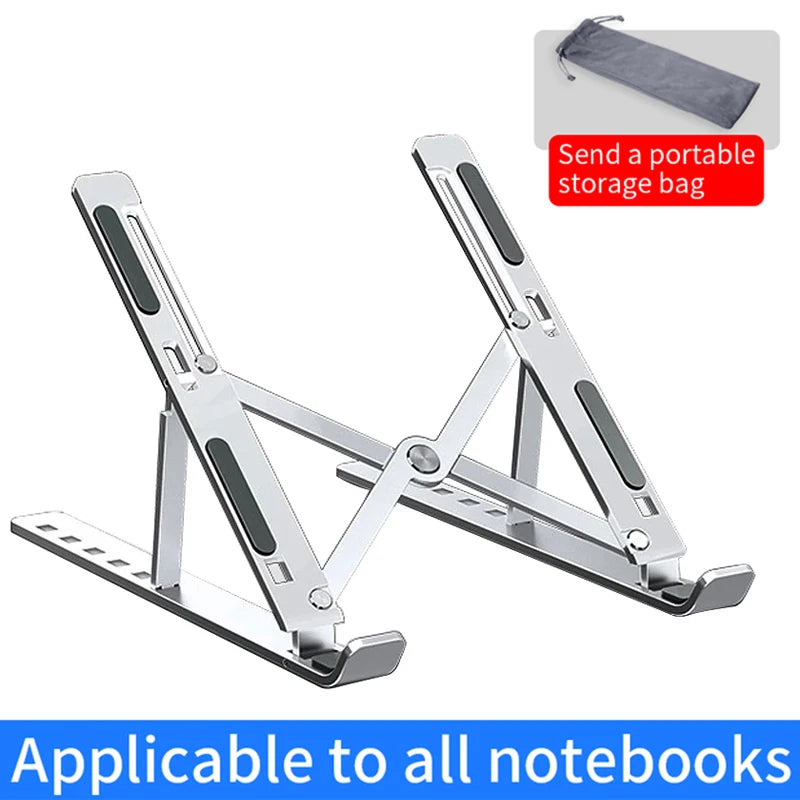 Foldable Showlu Aluminum Laptop Stand with 6 adjustable ergonomic levels, designed for improved comfort and airflow.