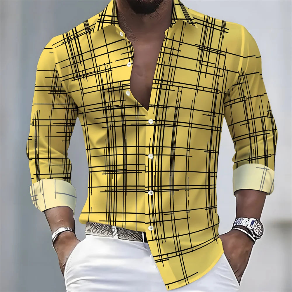 Men's long-sleeved striped shirt in spring/autumn colors, casual European and American style, loose fit, comfortable top.