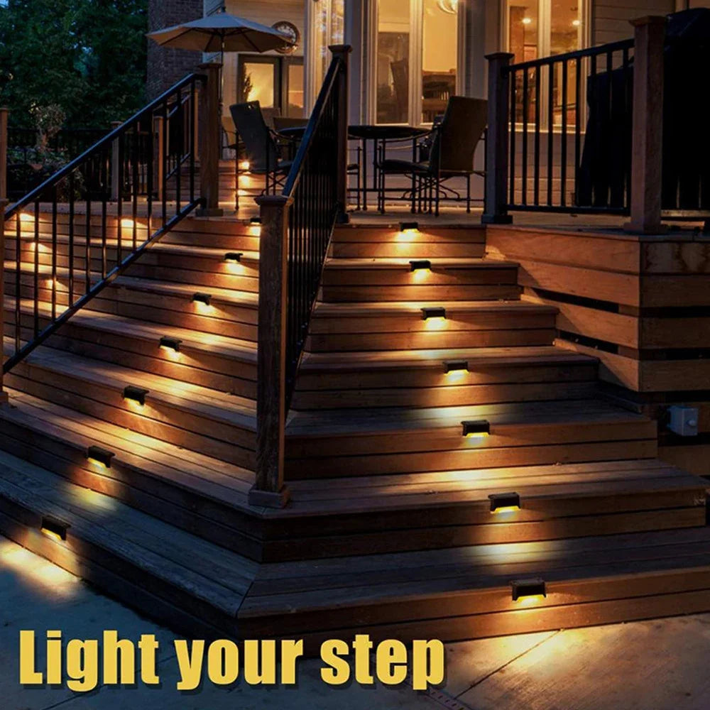 Showlu Smart Solar LED Stair Step Light with IP65 waterproof rating, auto on/off, mounted on outdoor staircase for safety.