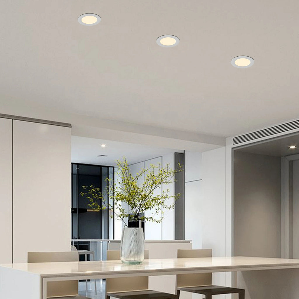 12-pack Showlu Fashion Store LED recessed lights with dimmable white finish, 3000K-5000K color temperature, ideal for modern lighting.