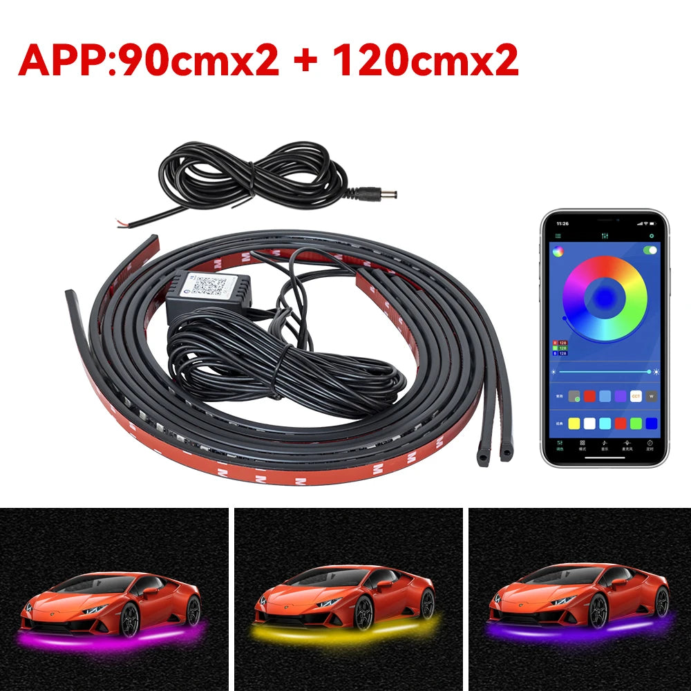 Showlu Smart General Car Underglow LED Kit with colorful LED strips illuminating the underside of a vehicle.